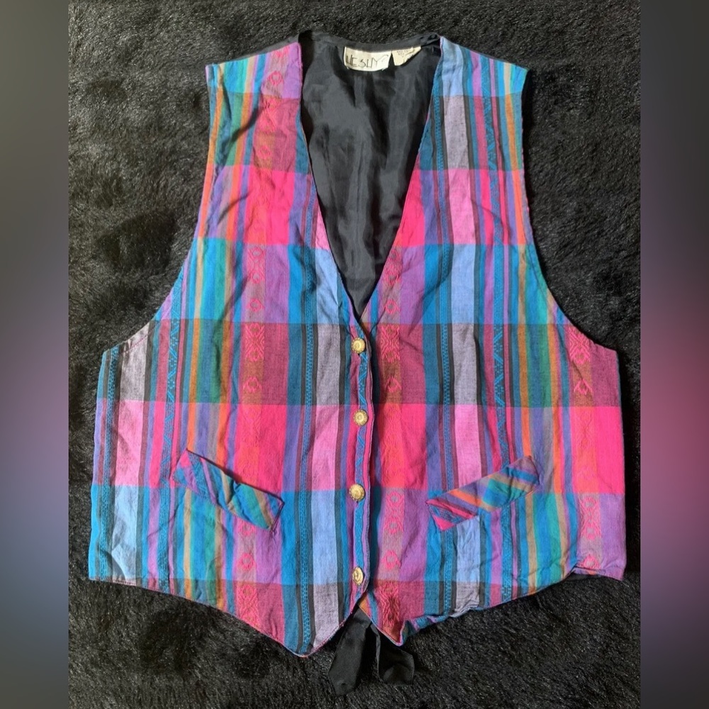 Vintage 90s HeShy2 Women’s Multicolored Plaid Vest Sz M PreOwned Cotton-Rayon